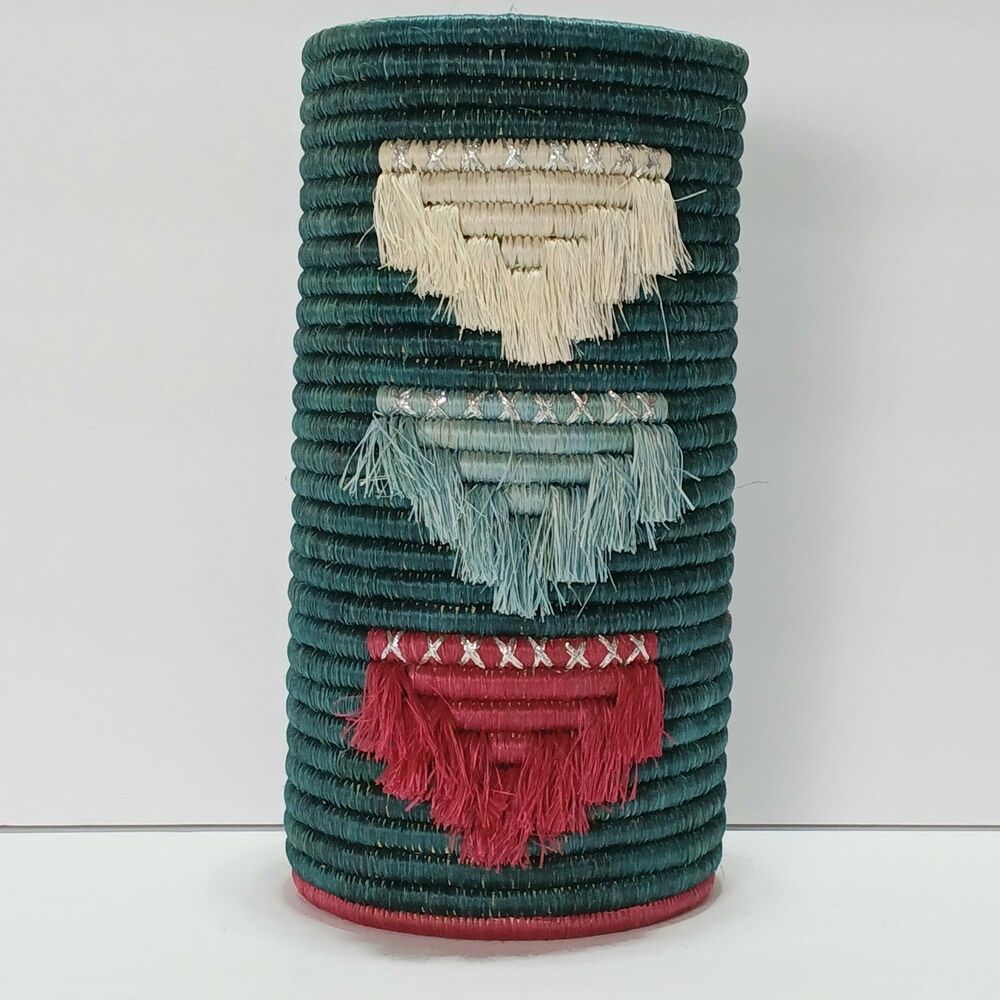 African Decorative Hand-woven Sisal Basket/Wine Holder, Teal w/ Accent Tassels